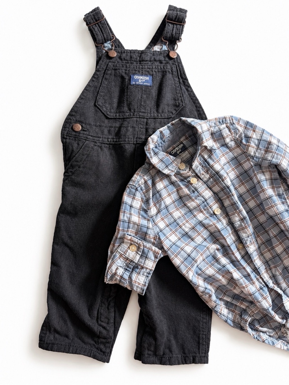 OshKosh B'gosh Black Overalls with Light Blue and Cream Plaid Shirt